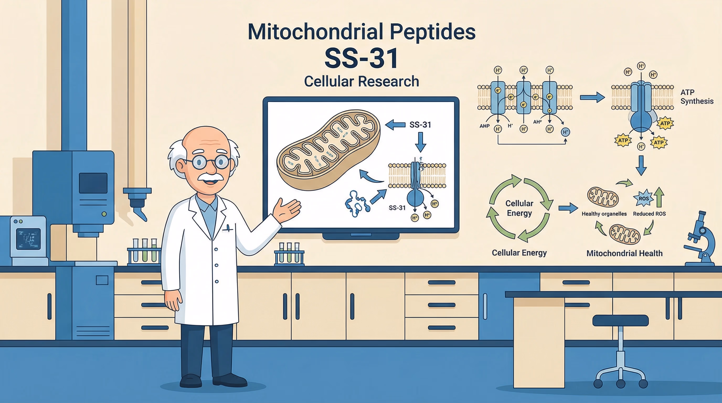 Mitochondrial Peptides: SS-31 and Cellular Energy Research - peptide research illustration