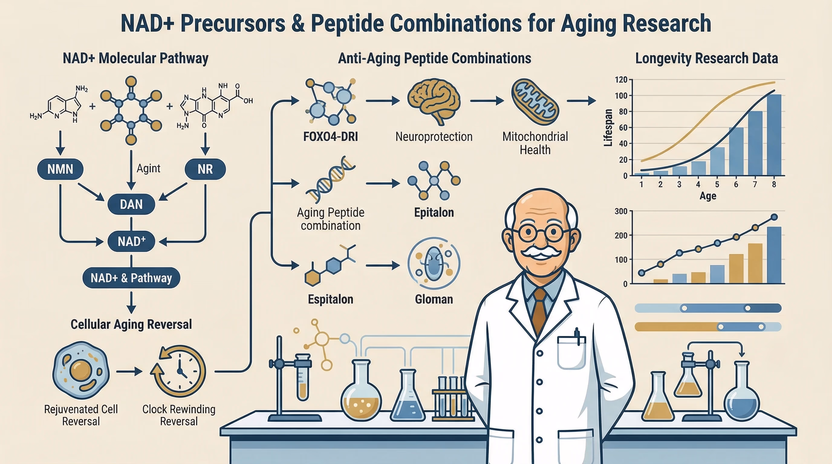NAD+ Precursors and Peptide Combinations in Aging Research - peptide research illustration