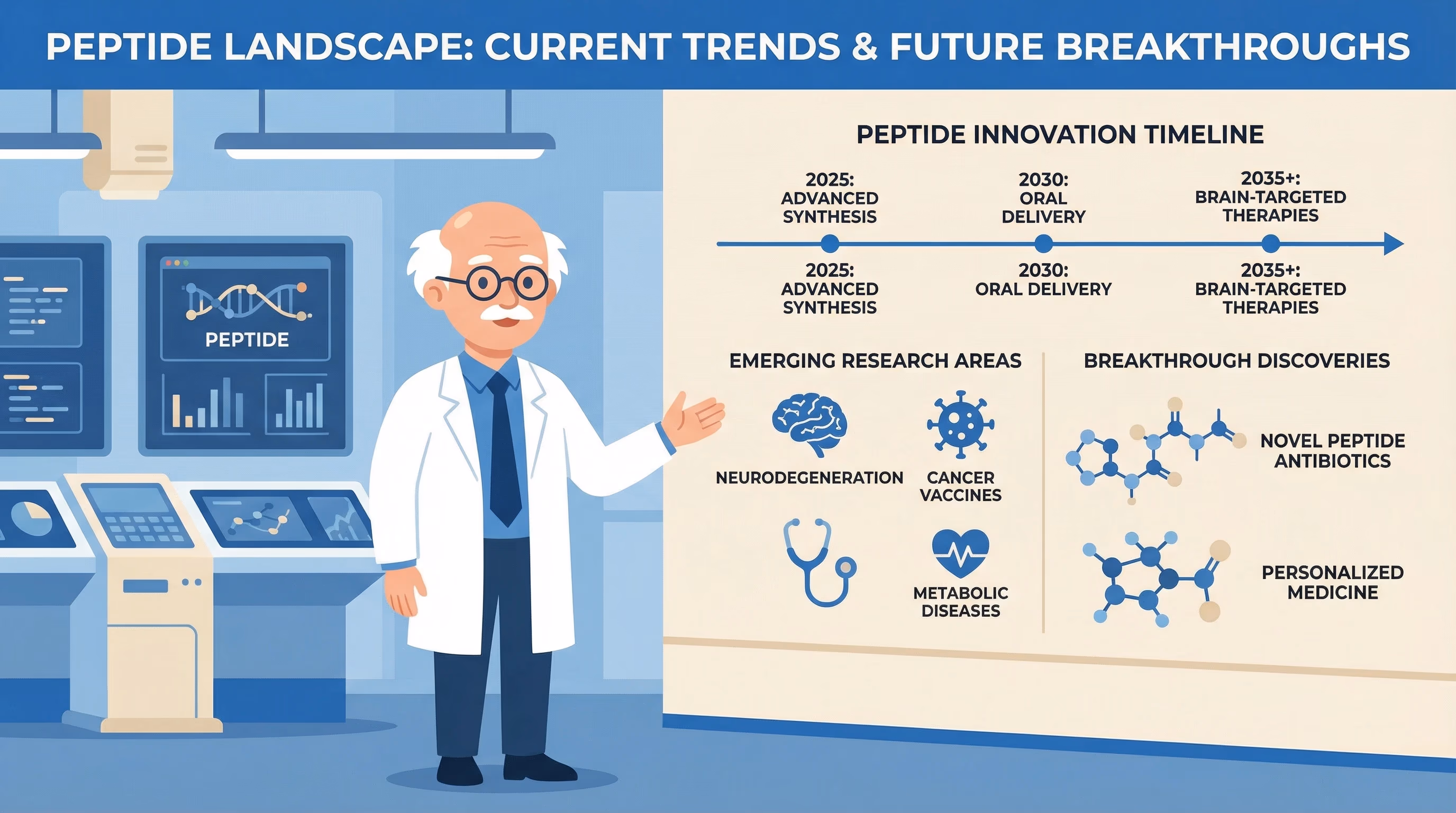The Peptide Landscape: Current Trends and Future Breakthroughs - peptide research illustration
